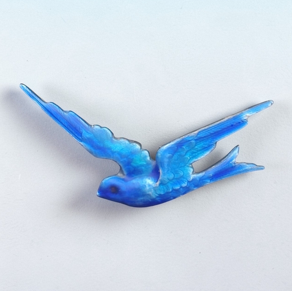 Antique Jewelry - Antique Victorian Sterling Blue Guilloche Enameled Blue Swallow Pin With C Clasp